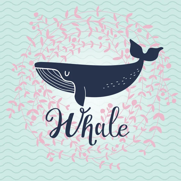 Mavi çizgi film balina kartı — Stok Vektör