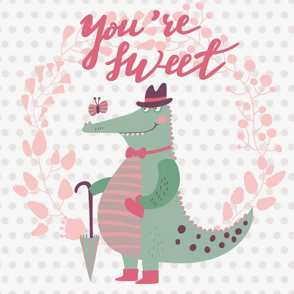 Romantic card with cute crocodile — Stock Vector