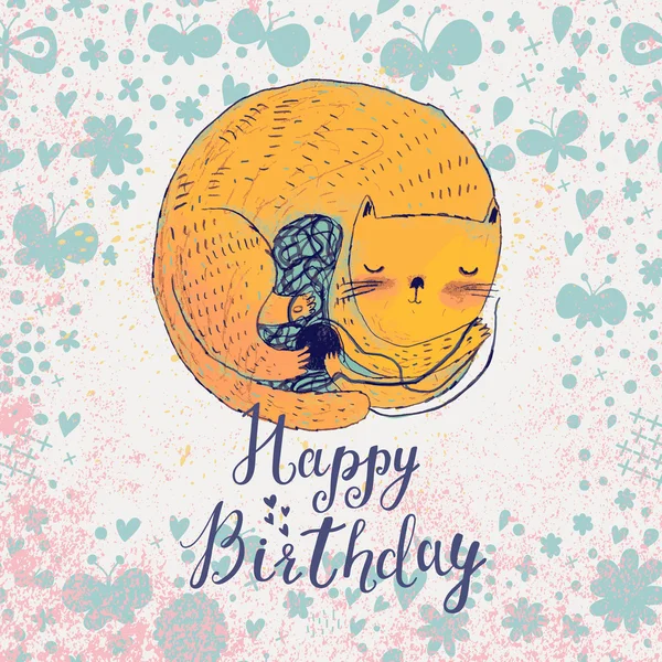 猫との幸せな誕生日カード — ストックベクタ