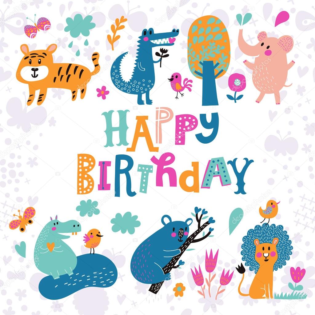 Birthday cartoon card with animals