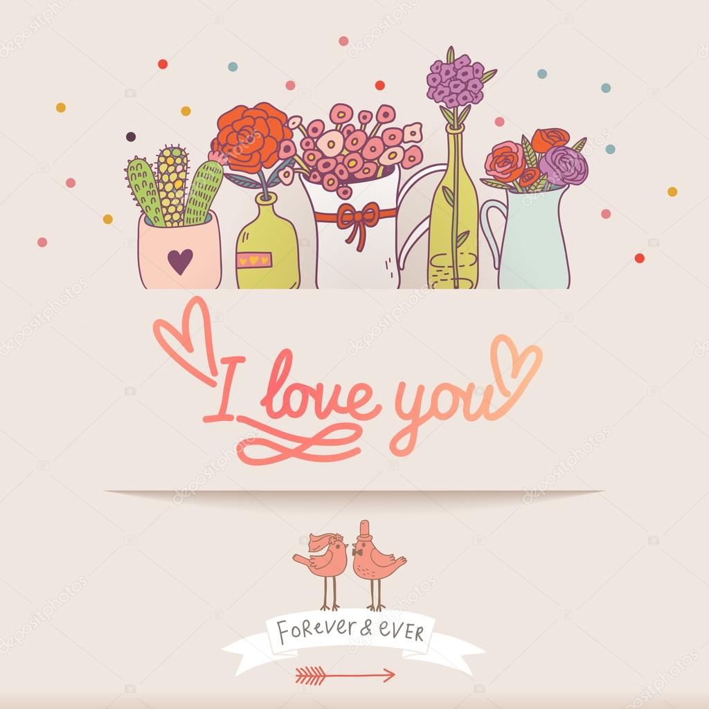 love card with birds and flowers