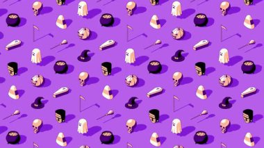 Mor Arkaplanda 4K Cadılar Bayramı Isometric Döngüleme Animasyonu