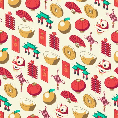 Renkli Çin Yeni Yıl temalı izometrik dikişsiz desen