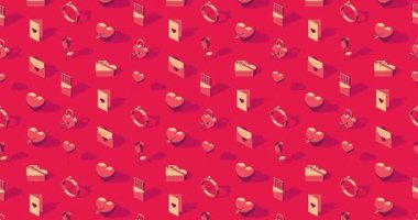Kırmızı Sevgililer Günü temalı izometrik simgelerin döngü hareketi arkaplanı