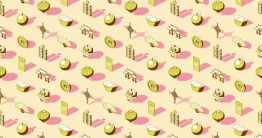 Altın rengi Çin temalı izometrik simgeler arka plan animasyonu gölgeli