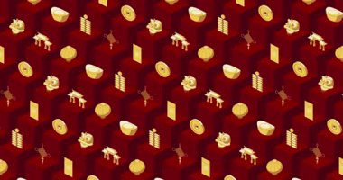 Çin 'in yeni yılı, altın ikonlarıyla kusursuz geometrik arkaplan döngüsü