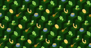 Koyu yeşil geometrik arkaplan üzerinde renkli St. Patrick Günü izometrik simgeleri döngü animasyonu