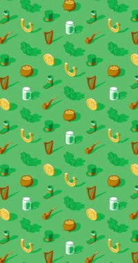 Yeşil arkaplanda Aziz Patrick Günü simgelerinin dikey kusursuz döngü animasyonu