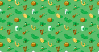 Yeşil arkaplanda Aziz Patrick Günü simgelerinin kusursuz döngü animasyonu