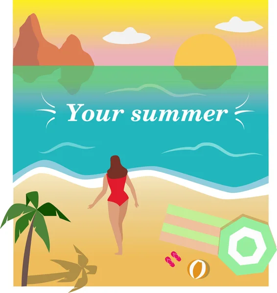 夏のシーンは 若い女性がビーチに滞在し 海を見て こんにちは夏の背景とバナー — ストックベクタ