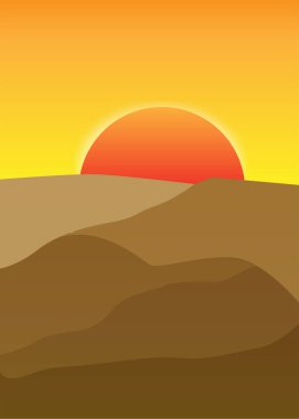 Çölde vektör gün batımı. Yaz tatili ve tasarım için arka plan. Seyahat tasarımı için bir çöl batımı sahnesi.