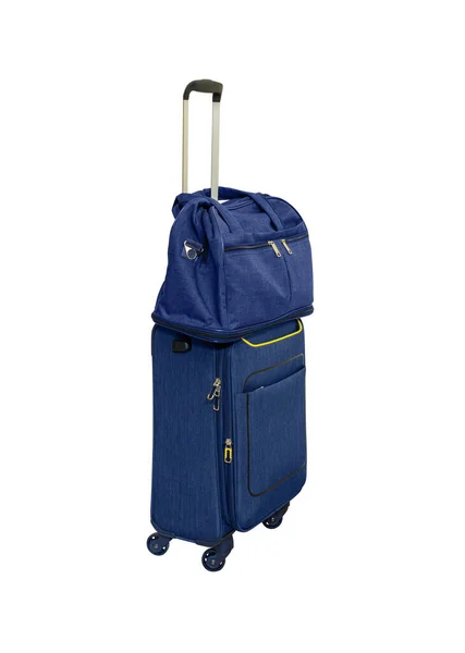 Compact Blue Suitcase Wheels Telescopic Handle Shoulder Bag Isolated White — Stock Photo, Image