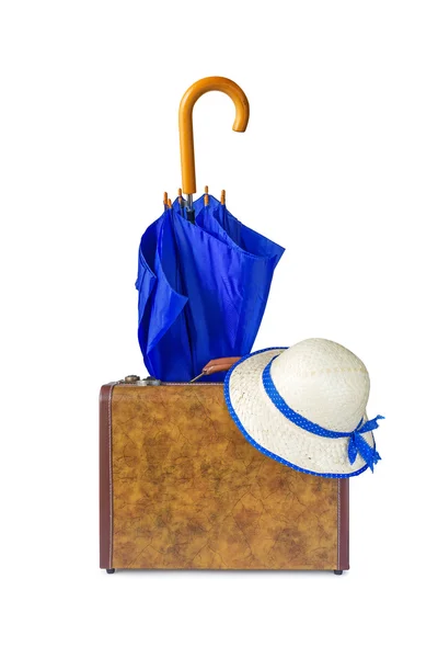 Suitcase, umbrella and hat isolated on white background — Stock Photo, Image