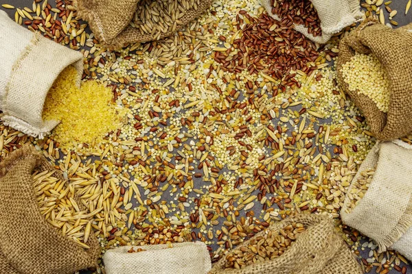 Varietà Assortita Cereali Sacchi Fatti Mano Mix Ingredienti Indispensabili Una — Foto Stock