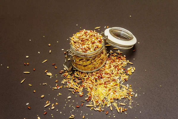 Mezcla Variedad Cereales Frasco Vidrio Surtido Ingredientes Indispensables Para Una —  Fotos de Stock