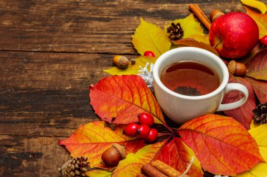 Renkli sonbahar yapraklı sıcak çay, meşe palamudu, tarçın ve gül üzümü. Sonbahar yapraklarıyla iyi bir ruh hali. Eski tahta tahta arka plan, kopyalama alanı