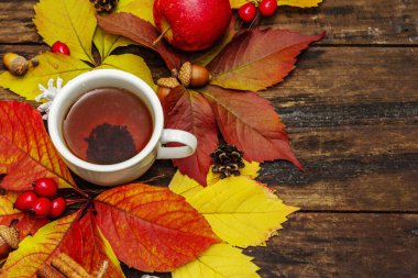 Renkli sonbahar yapraklı sıcak çay, meşe palamudu, tarçın ve gül üzümü. Sonbahar yapraklarıyla iyi bir ruh hali. Eski tahta arka plan, üst görünüm