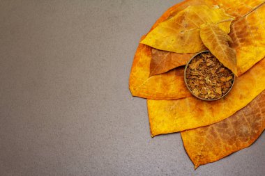 Teneke bir kutuda öğütülmüş tütün. Puro yapmak için yüksek kaliteli büyük yapraklar. Siyah taş arkaplan, üst görünüm