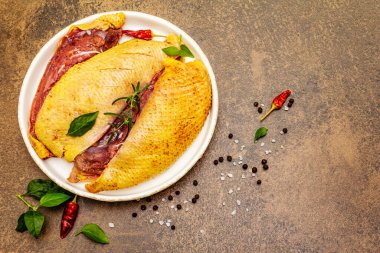 Çiğ ördek göğsü, taze yeşillikler ve mis kokulu baharatlar. Kümes hayvanları, doğal BIO ürünü, evcil kümes hayvanı. Taş beton zemin, üst görünüm