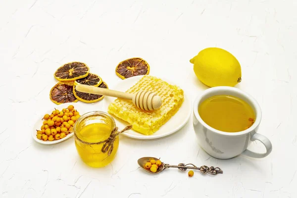 Cura Mar Buckthorn Chá Delicioso Aromático Cheio Vitaminas Microelementos Mel — Fotografia de Stock