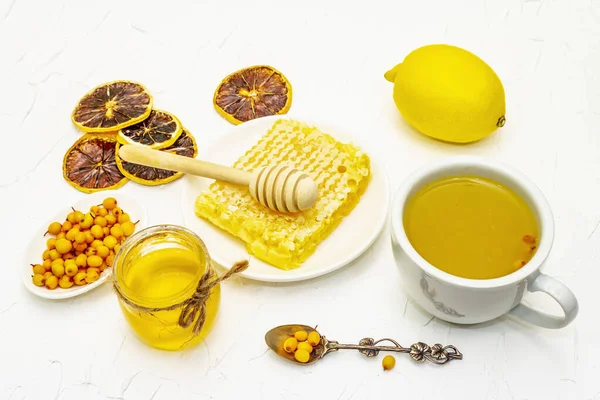 Cura Mar Buckthorn Chá Delicioso Aromático Cheio Vitaminas Microelementos Mel — Fotografia de Stock