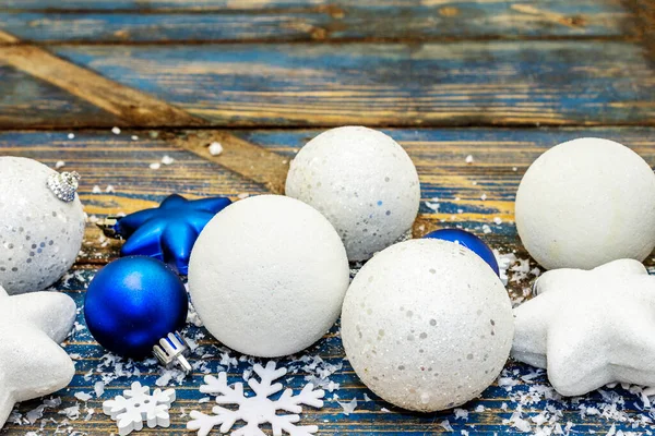 Navidad Año Nuevo Fondo Festivo Bolas Estrellas Navidad Blancas Azules —  Fotos de Stock