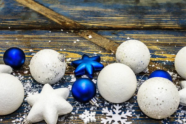 Navidad Año Nuevo Fondo Festivo Bolas Estrellas Navidad Blancas Azules —  Fotos de Stock