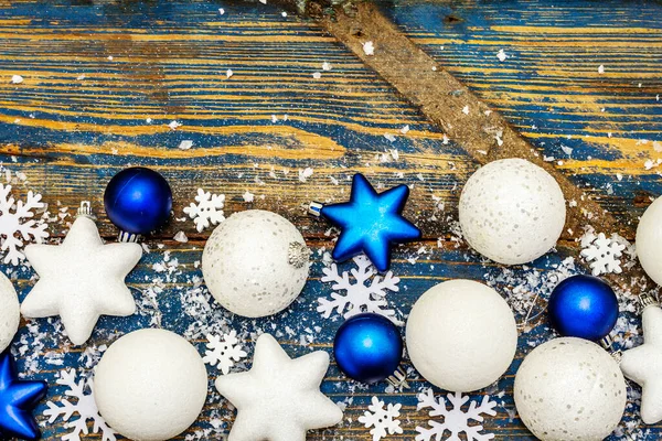 Navidad Año Nuevo Fondo Festivo Bolas Estrellas Navidad Blancas Azules —  Fotos de Stock