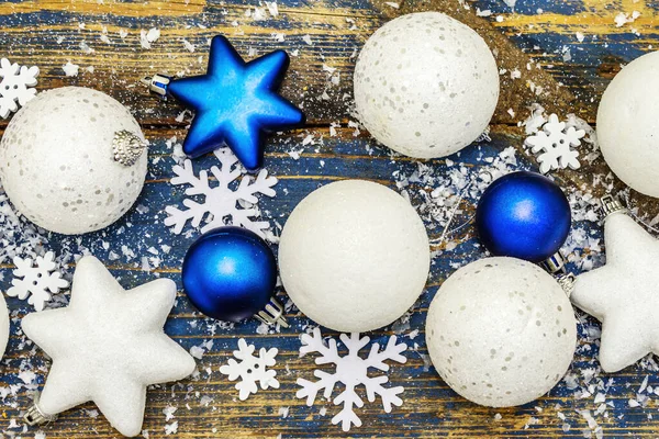 Navidad Año Nuevo Fondo Festivo Bolas Estrellas Navidad Blancas Azules —  Fotos de Stock