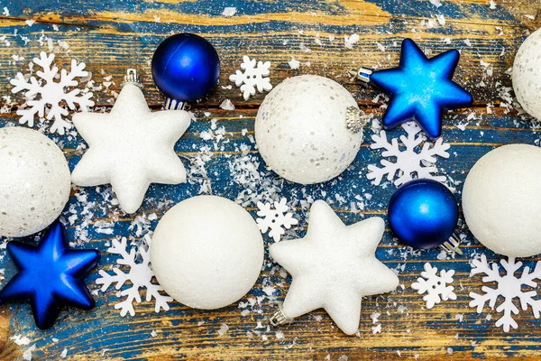 Navidad Año Nuevo Fondo Festivo Bolas Estrellas Navidad Blancas Azules —  Fotos de Stock