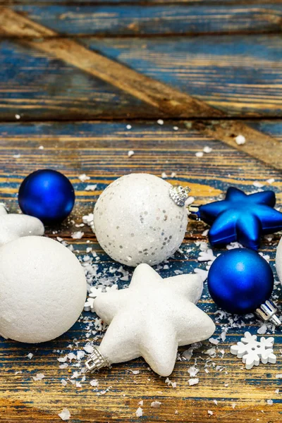 Navidad Año Nuevo Fondo Festivo Bolas Estrellas Navidad Blancas Azules —  Fotos de Stock