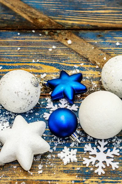 Navidad Año Nuevo Fondo Festivo Bolas Estrellas Navidad Blancas Azules —  Fotos de Stock