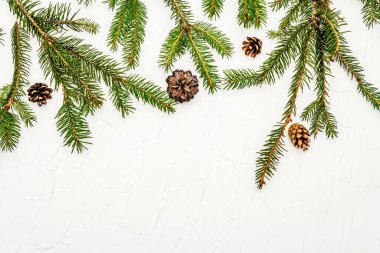 Beyaz macun arka planında çam kozalakları olan Noel ağacı dalları. Yeni yıl tebrik kartı konsepti, üst görünüm