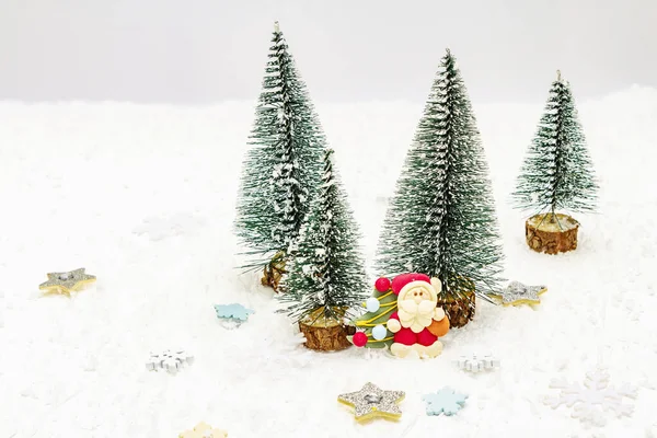 Small Decorative Christmas Trees New Year Decor Santa Claus Snowflakes — Stock Photo, Image