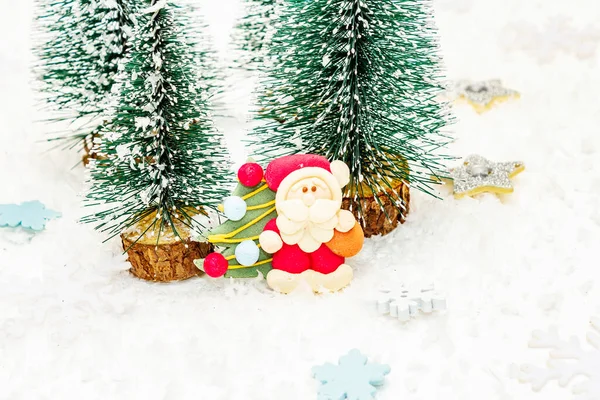 Small Decorative Christmas Trees New Year Decor Santa Claus Snowflakes — Stock Photo, Image
