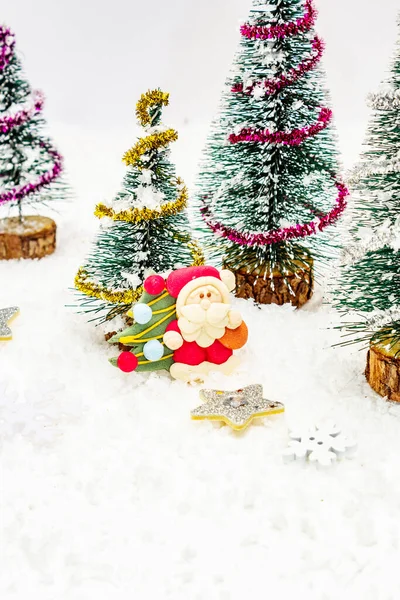 Small Decorative Christmas Trees New Year Decor Santa Claus Snowflakes — Stock Photo, Image