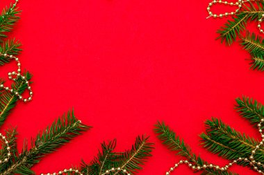 Yılbaşı arkaplanı taze Noel ağacı dalları ve kırmızı arka planda yeni yıl altın boncukları. Tebrik kartı konsepti, üst görünüm