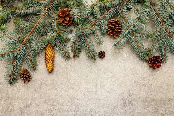 クリスマスツリーの枝や灰色の石の背景に松のコーンの境界 お正月グリーティングカードのコンセプト トップビュー — ストック写真