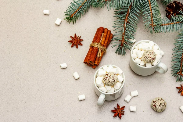 Christmas Poster Template Composition Mugs Hot Chocolate Cinnamon Sticks Marshmallows — Stock Photo, Image