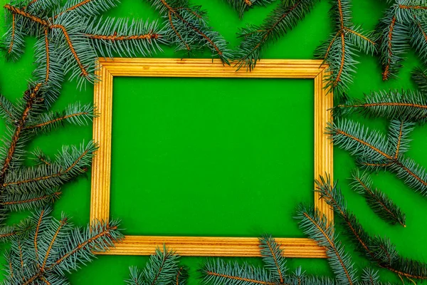 Fundo Natal Com Ramos Árvore Natal Frescos Moldura Madeira Fundo — Fotografia de Stock