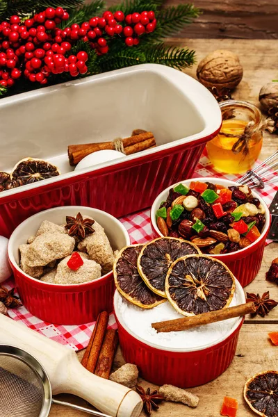 Christmas Baking Background 2021 Traditional Saxon Stollen Fruits Nuts Food — Stock Photo, Image