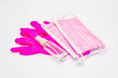 Fashion masks, glamour gloves and sanitizer isolated on white background. Medical products for personal hygiene and the prevention of viral diseases. Coronavirus, COVID-19 pandemic, 2019-nCoV worldwide concept