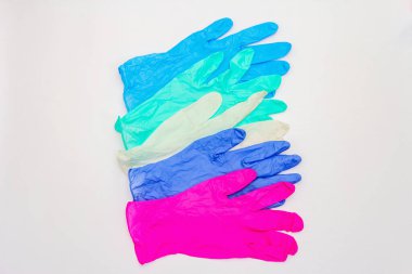 Assorted of glamour surgical gloves isolated on white background. Medical products for personal hygiene and the prevention of viral diseases. Coronavirus, COVID-19 pandemic, 2019-nCoV worldwide concept