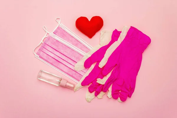 Red Heart Medical Protection Masks Gloves Light Pink Background Copy — 스톡 사진