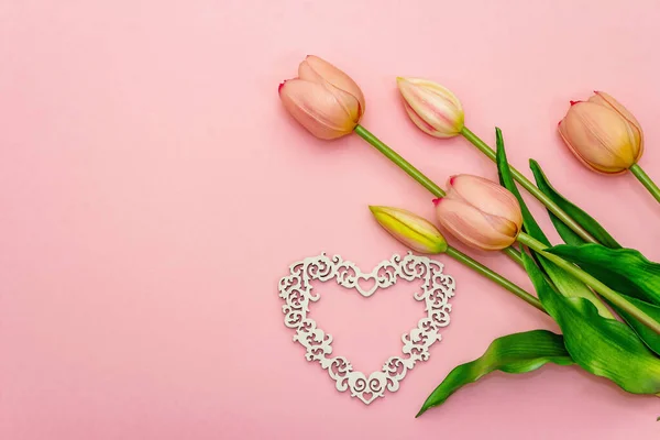 Gentle Bouquet Tulips Wooden Openwork Heart Isolated Light Pink Background — Stock Fotó