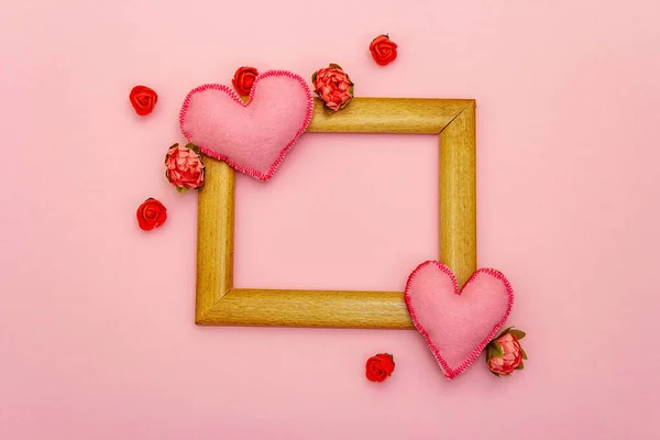 Valentine Day Wedding Concept Soft Felt Hearts Flowers Wooden Frame — Zdjęcie stockowe