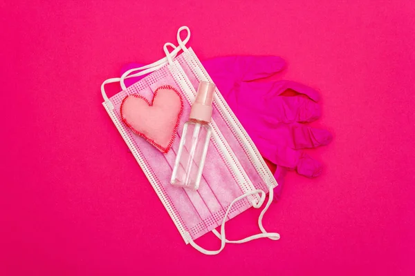 Red Heart Medical Protection Masks Gloves Bright Pink Background Copy — Zdjęcie stockowe