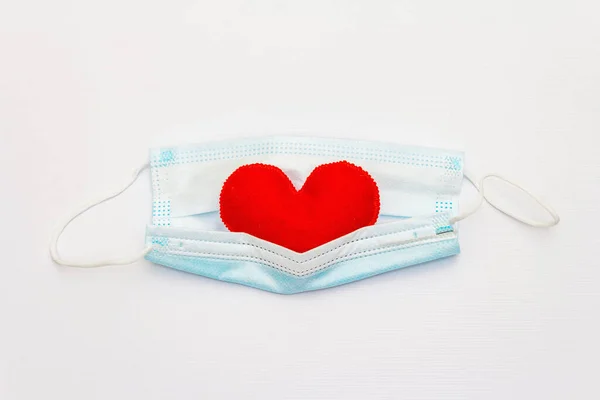 Red Heart Medical Protection Mask Isolated White Background Top View — 스톡 사진