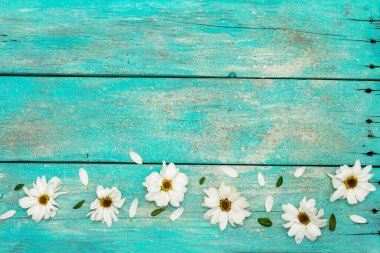 Donmuş kasımpatı ve yemyeşil yapraklı desen. Eski ahşap tahta arka plan, düz döşeme, üst manzara