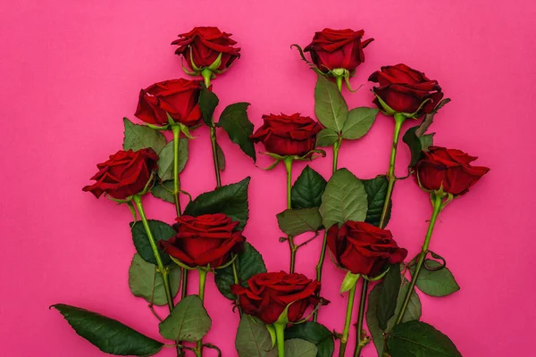 Ramo Rosas Frescas Color Burdeos Forma Corazón Sobre Fondo Rosa — Foto de Stock